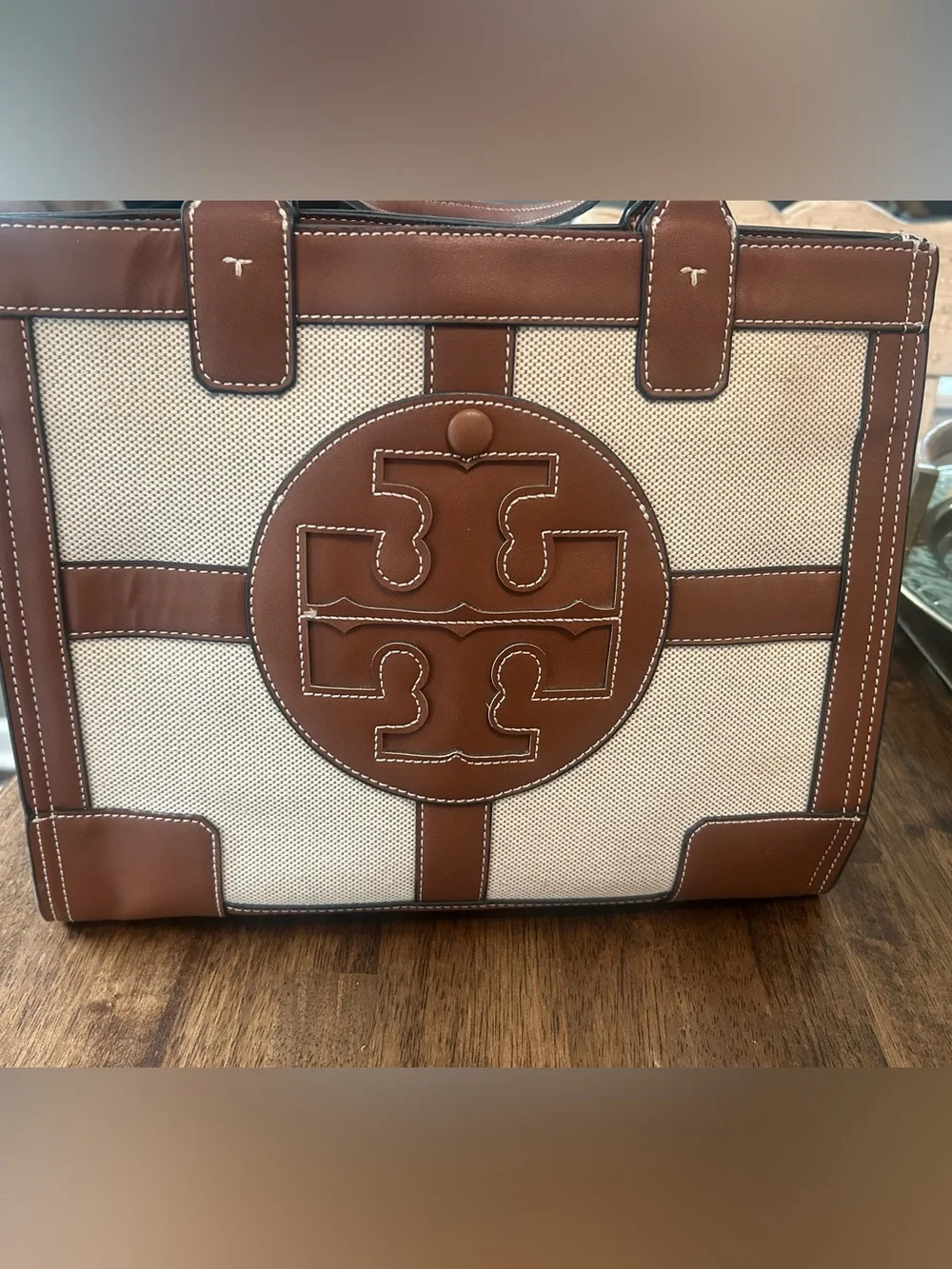 Tory Burch Canvas and Brown Leather Tote